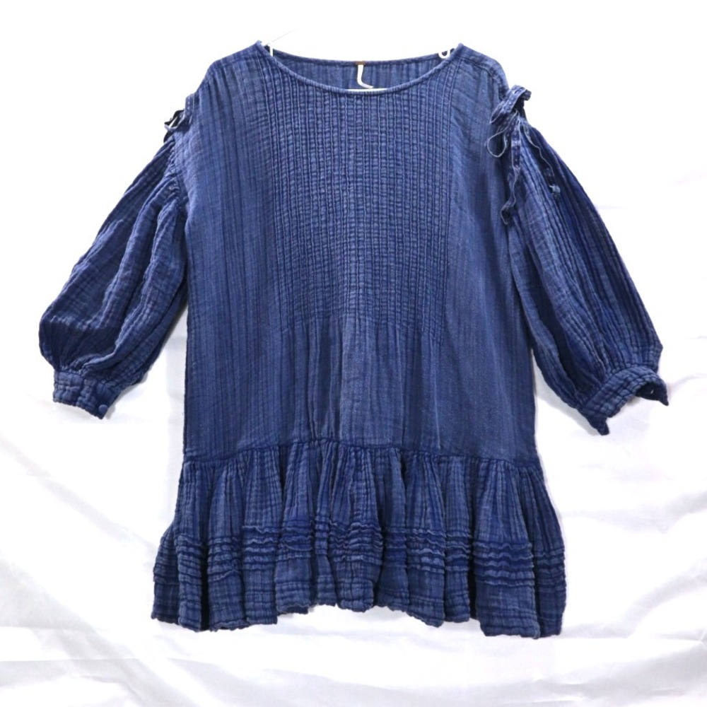 Free People Blue Gauze Peasant Top Ruffle Hem Boho Blouse Cottagecore M/L